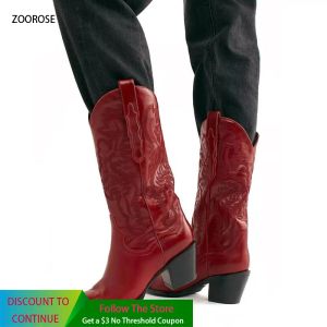 Bottes Boots de cowboy pour femmes broder imprimer à mi-mollet cow-girl botas mode pointu pU cuir haut de gamme bottes occidentales bottes occidentales