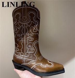Bottes Cowboy Cowgirl bottes pour femmes mode en cuir véritable brodé bout pointu talon épais mi-mollet bottes occidentales chaussures décontractées 230825