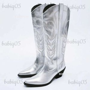 Bottes Cowboy Cowgirl bottes pour femmes métallisé argent empilé talon zip Western mi-mollet bottes décontracté brodé marque chaussures de luxe T231117