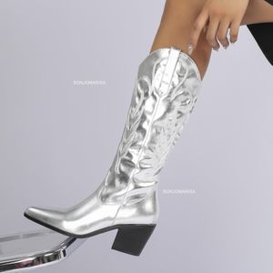Bottes Cowboy Cowgirl pour femmes Métallique Argent Empilé Talon zip Western Mi-mollet Casual Brodé marque chaussures de luxe 230817