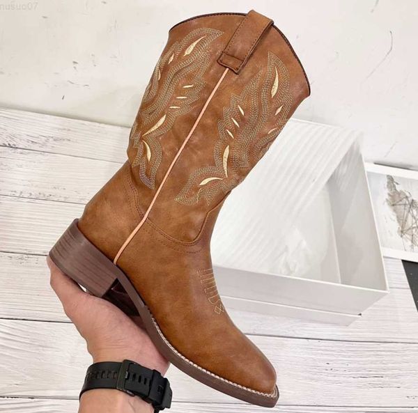 Bottes Cowboy Girl Cowboy Broderie Western Bottes Mode Med Calf Brand New Chaussures Med Talon 2022 Populaire Glisser Confortable Sur L230711