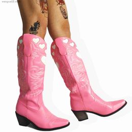 Bottes cowboy bottes hautes pour femmes western love heart slip sur talons empilés bottes longues bout pointu marche chaussures d'automne décontractées T230712