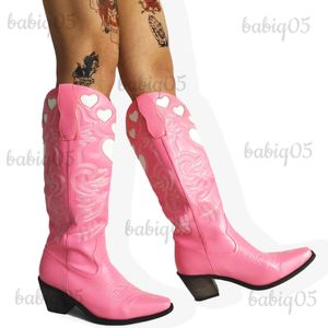 Laarzen cowboy kniehoge laarzen voor dames westerse liefde hart slip op gestapelde hakken lange laarzen puntige neus wandelen casual herfst schoenen T231121