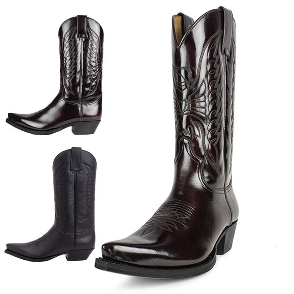 Bottes Cowboy hommes pays Vintage chevalier Western moto bottes en cuir brodé bout pointu mi-mollet chaussures de travail confortable 230825