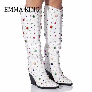 Laarzen cowgirl 408 verfraaide westelijke dikke blok hakken knie hoge laars puntige teen slip-on edelsteen decor botas de mujer 230807 898