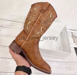 Botas vaqueras vaquero bordado botas occidentales para mujer moda Med Becerro zapatos nuevos Med Heel Popular cómodo Slip On J230803