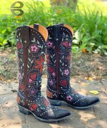 Bottes cowgirls cowboy coeur floral mi-mollet bottes femmes empilées talon femmes broderie travail débarrassant Western bottes chaussures grande taille 231007