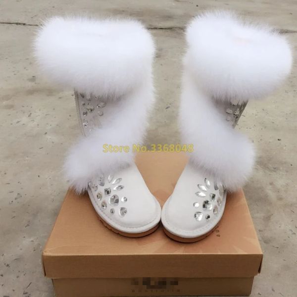 Botas Cristal Snow Boots Fox Fur blanco Pink Red Redonde Toe Rhineston Invierno Mujeres Botas Midcalf Made Made Real Picture Cold Winter Shoes