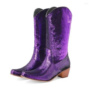 Botas Punta curvada Lentejuelas brillantes Púrpura Verde Rosa Mujeres Media pantorrilla Tacones gruesos occidentales Vaquero Zapatos de invierno Botines