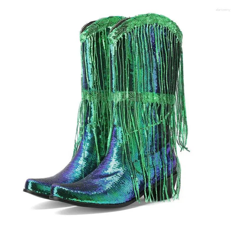 Botas Curvas Toe Lantejoulas Glitter Bling Brilhante Ouro Verde Roxo Mulheres Saltos Sapatos Mid-Bezerro Western Cowboy com Franjas Borlas