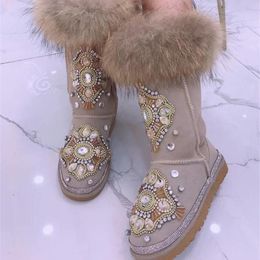 Botas personalizadas industria pesada marca de marea con cuentas Rhinestone vaca gamuza forro superior lana señoras bola caliente nieve