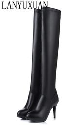 Bottes Taille personnalisée 32-45 hiver femmes noir longs talons hauts 10 cm sur le genou fermeture éclair en cuir chaussons Zapatos De Mujer bottes chaussures T601 231011