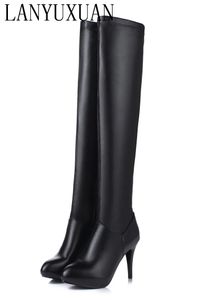 Bottes Taille personnalisée 3245 Hiver Femmes Noir Longs Talons Hauts 10Cm Au-dessus Du Genou Zipper Bottines En Cuir Zapatos De Mujer Chaussures T601 231026