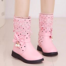 Bottes Cysincos mignon Bow Snow for Girl Taille 27-37 Sweet Pu Leather Enfant chaud Lace Gilrs Hiver Side Side Zip