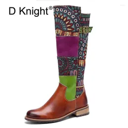Boots D Knigt Vintage Knee High Women Shoes Bohemian Retro Genuine Leather Lady Motorcycle Printed Cowboy For