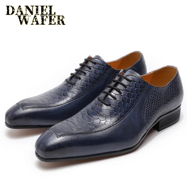 Botas Daniel Wafer Man zapatos de cuero genuino impresiones de piel de serpiente Cordas azules azules de color azul punta Oxford zapatos para hombres