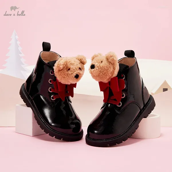 Bottes Dave Bella automne hiver cuir filles chaussures doux en peluche enfants mignon mode ours bébé DB4223154