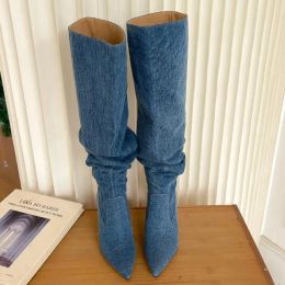 Bottes denim Bottes de genou pour femmes 2023 Automne plissé des talons hauts jeans bottes cowboy femme pointues pointues