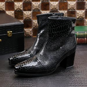 Bottes Designer Black Snake Skin Geatine Leather Bottes militaires pointues Point Talons hauts Boots Cowboy Robus Chaussures de mariage Homme