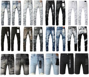 Paarse merk jeans heren paarse jeans zomer knie lengh jeans met gat casual rechte jean borduurwerk paarse jean magere denim broek voor mannen