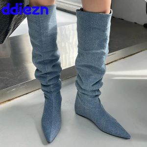 Bottes Designer Fashion Denim Femmes Western Long Boots Tendages Chaussures Femelles Femme Pliez la hauteur des chaussures AUGMENT