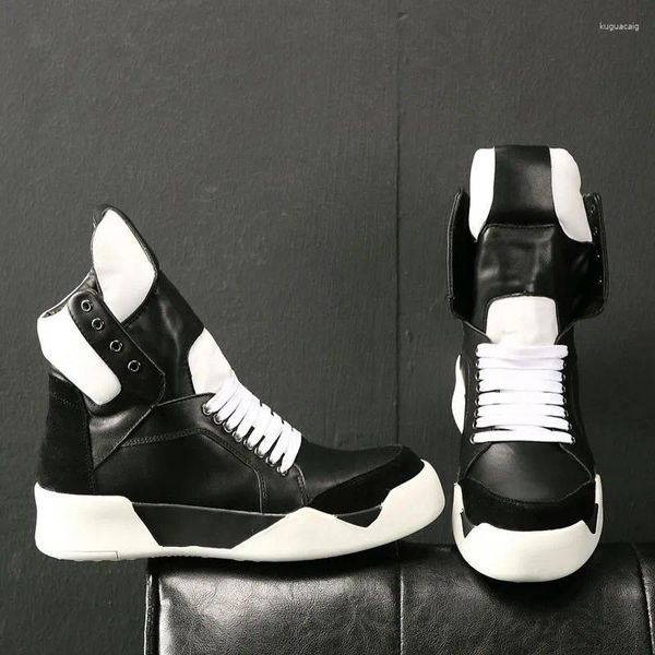 Bottes Designer High Top Hommes Véritable Baskets En Cuir À Lacets Plate-Forme Épaisse Chaussures Appartements Hiver Noir Blanc Hip Hop Casual Cheville