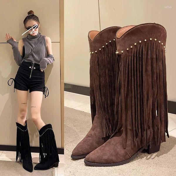 Boots Diseñador Tassels Cowboy for Women Fashion Toe Slip on Long Femenino Elegante Square Heel Knight Booties