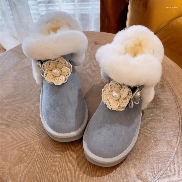 Bottes Designer Chaussures d'hiver Femmes Fleur Perlée Cheville Neige avec Épaissir Peluche Fourrure Chaud Coton Casual Dames