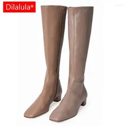 Boots Dilalula Beknopte vrouwen knie High Soft Soft Lederen lange dames dikke lage hakken rijden herfst winter 2024
