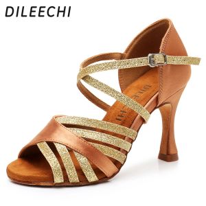 Laarzen dileechi latin dans schoenen vrouwen zijden satijn nieuwe bronzen salsa feest balzaal dansschoenen hiel 9 cm naadloze rug dames sneaker