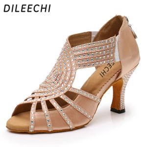 Laarzen dileechi dames Latijnse dansschoenen beige satijn rhinestone feest balzaal dansen schoenen salsa ritssluiting hiel 8 cm huid zachte buitenzool