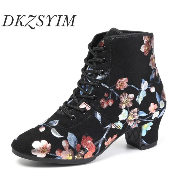 Boots Dkzsyim Black Flower Dance Chaussures Boots Boots Tango Latin Modern Femmes Oxford Laceup Laceup Practice Chaussures de danse Talons 3,5 / 5cm