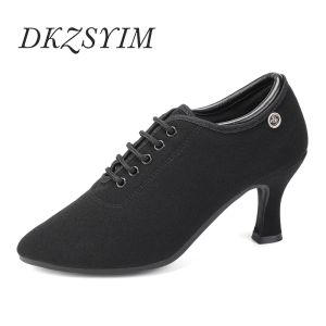 Boots Dkzsyim Femmes Latin Dance Chaussures Black Oxfordcloth Tango Dancing Shoes Ballroom Salsa Dance Shoe Colse Toe High Heel 5 / 7.5CM