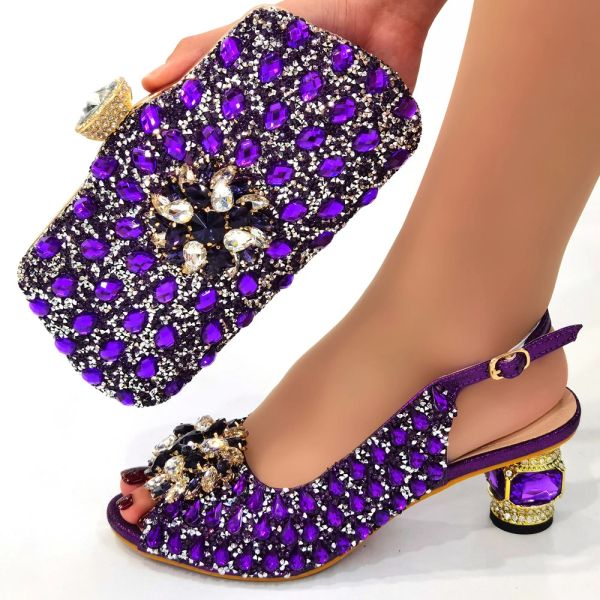 Boots Doershow Fashion Chaussures et sacs ensembles africains Ensemble de sacs de chaussures de couleur violette décorée en strass de haute qualité Swe117