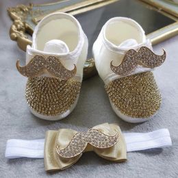 Boots Dollling Dubai Luxury Gold Golde Pure Glass Strass Rhinestone Crib Sock Boots met zachte snor bijpassende hoofdband