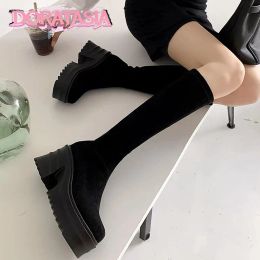 Boots Doratasia Knee High Flock Femmes Bottes de mode Modern British Style confortable High Heels Nouveau créateur Elegant Fall Cool Female chaussures