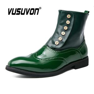 Boots Dress Men Patent Leather Autumn Fashion Brogue Chaussures confortables Marque Black Green Safety Gladiator Fl A