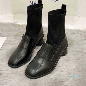 Bottes Chaussures Habillées Casual Femmes À Talons Hauts Tempérament Rétro All Match Chaussettes Bout Rond Stretch Tissu Botines