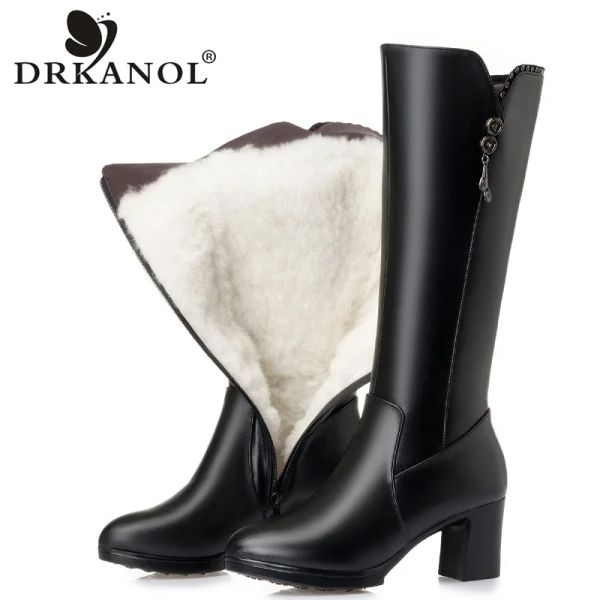 Boots Drkanol Fashion Noir en cuir authentique Knee Bottes hautes Femme Femme Boots chauds Hoots Naturel Boots talons hauts épais Femme Femme