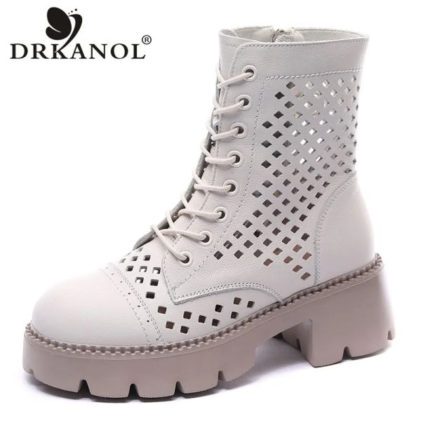 BOTAS Drkanol Summer Women Botas de tobillo 100% Genuine Leather Hollow Out Boots Boots de tacón altísimos AMAPLETA PLATAPATURA DE LA MATRA H22102F