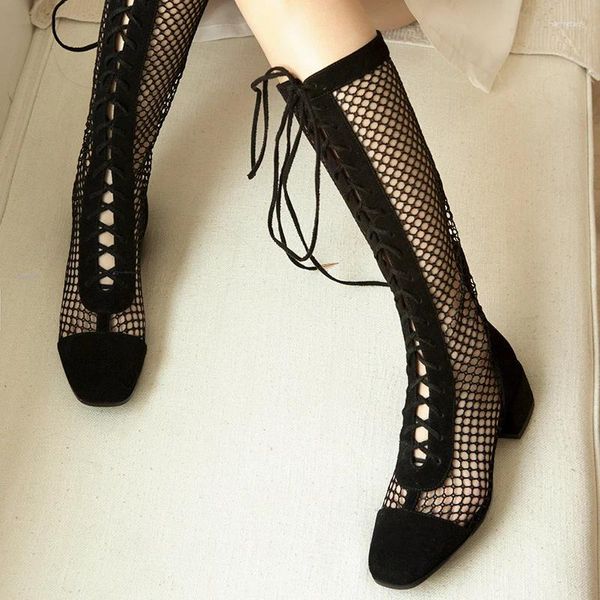 Boots Drop Girls Fashion Black Beige Air Mesh Square Toe 4cmlow Talons Lace à l'avant Coupes Knee High Short Casual