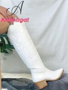Boots Dropship Cowboy Cowgirls Western Boots White Knie High Boots Women Big Size 41 Comfy Walking Staped Heeled Vintage Shoes 230822