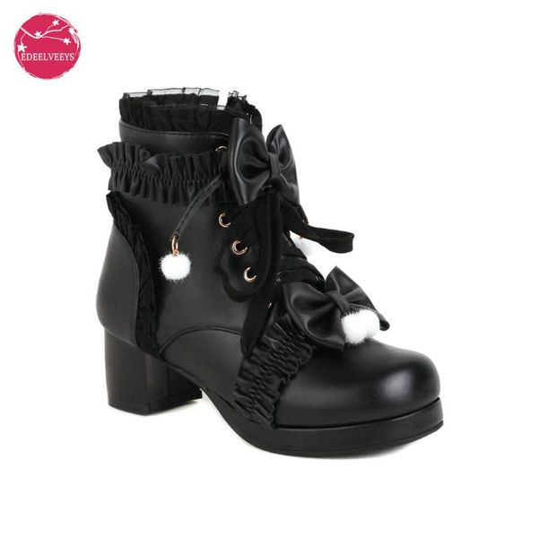 Botas EDEELVEEYS Sweet Bowknot Ruffles Med Tacones Shoelace Gothic Lolita Estilo Tobillo Japonés Harajuku Zapatos de mujer Tamaño grande 43