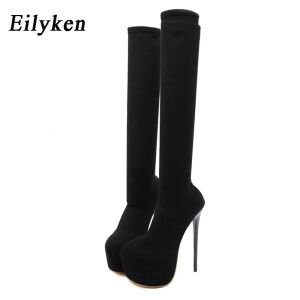 Bottes eilyken 17cm plate-forme talons femme au-dessus du genou botte d'hiver femme tricot noir rond