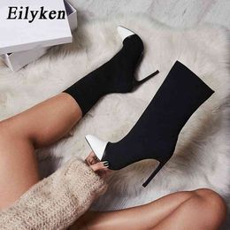 Botas Eilyken 2022 New Arriva Stretch Tela Mujeres Tobillo Punta puntiaguda Tacones altos Slip-On Sexy Sock Heels Chelsea Size35- 42 220901