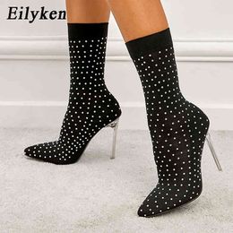 Bottes Eilyken 2022 Nouvelle arrivée Fashion Runway Crystal Stretch Tissu Femme Chaussure de la cheville High Point Toe Pole Dance Chaussures 220901