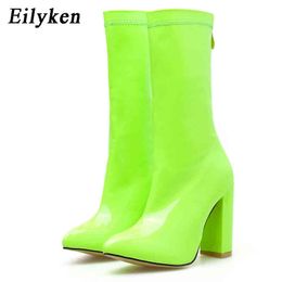 Bottes Eilyken 2022 Nouveaux talons hauts Femmes Fétiche Vert Bloc Mi-mollet Chunky Automne Hiver Design Chaussures 220901
