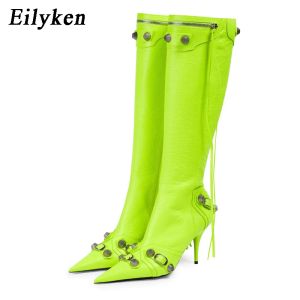 Bottes Eilyken 2023 Hiver Designer Knee High Heels Boots for Women Punk Point Toe Motorcycle Boots Sexy Long Retro Boot Big Size 46