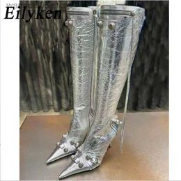 Botas Eilyken 2023 invierno oro plata diseñador mujer rodilla tacones altos botas Punk punta estrecha motocicleta Sexy largo Retro Zapatos mujer T230713