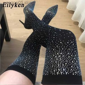 Bottes Eilyken Design Cristal Strass Stretch Tissu Sexy Talons Hauts Chaussette Au-dessus Du Genou Bottes Bout Pointu Pôle Danse Femmes Chaussures T230713